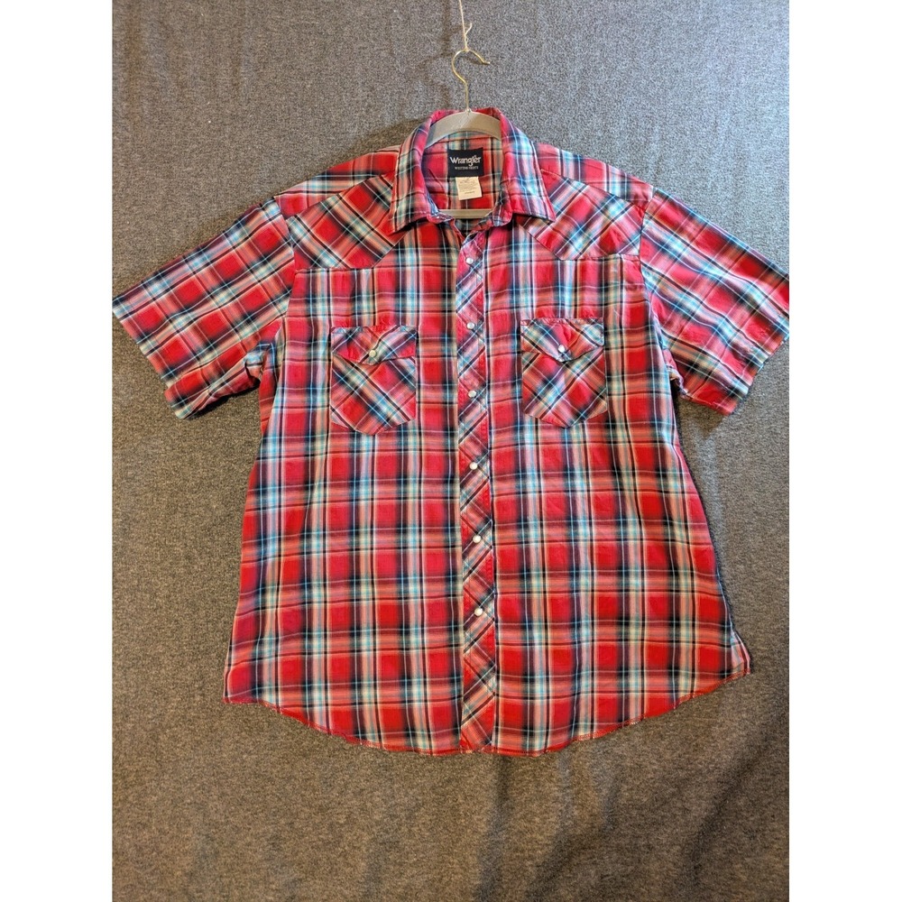 Wrangler Shirt Mens Western Pearl Snap Red Plaid  Size XL Short Sleeve